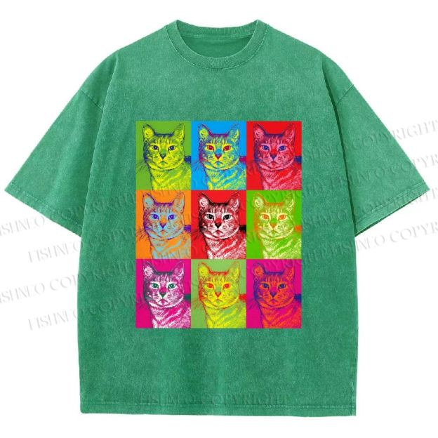 Unisex Pop Art Cats Printed Washed Tee
