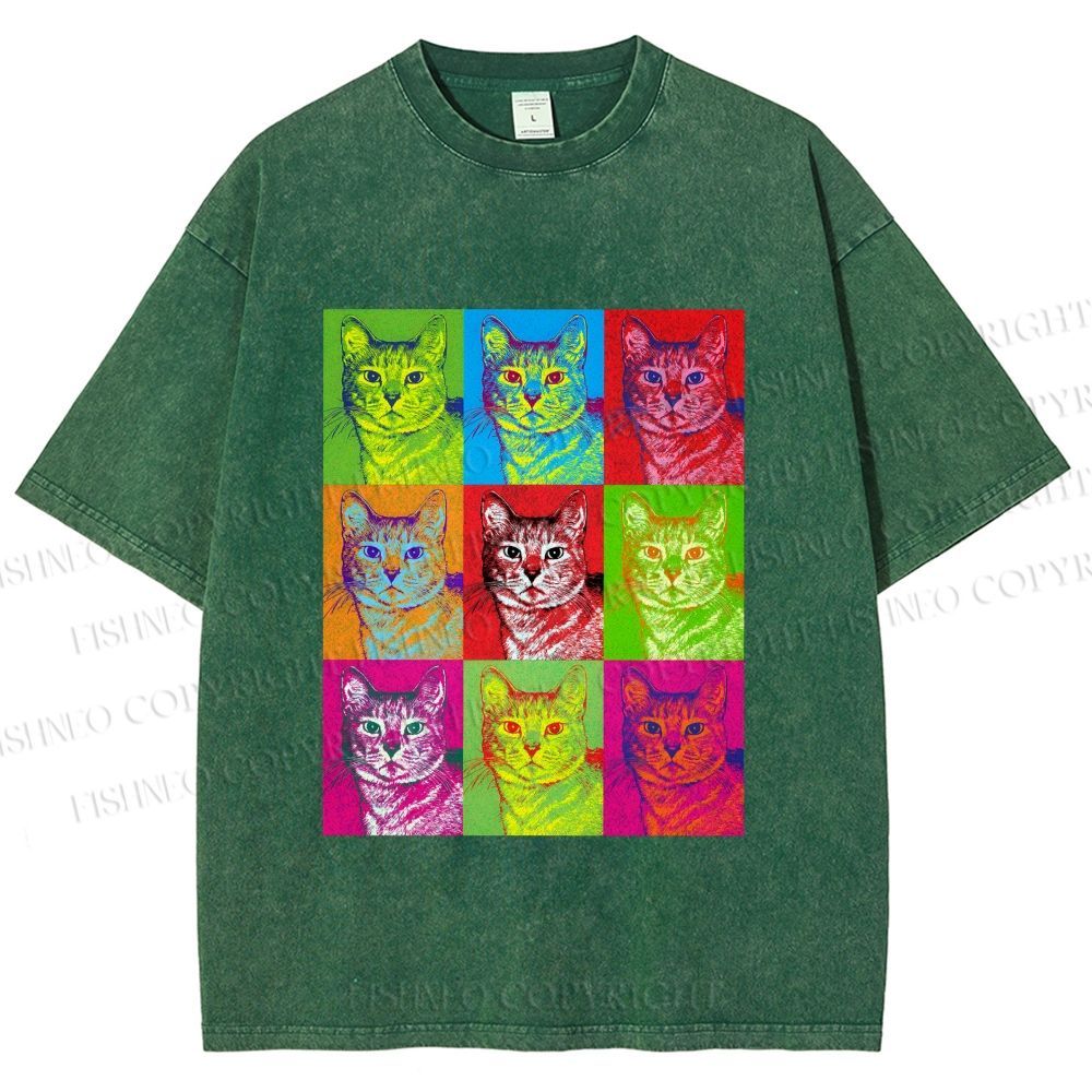 Unisex Pop Art Cats Printed Washed Tee