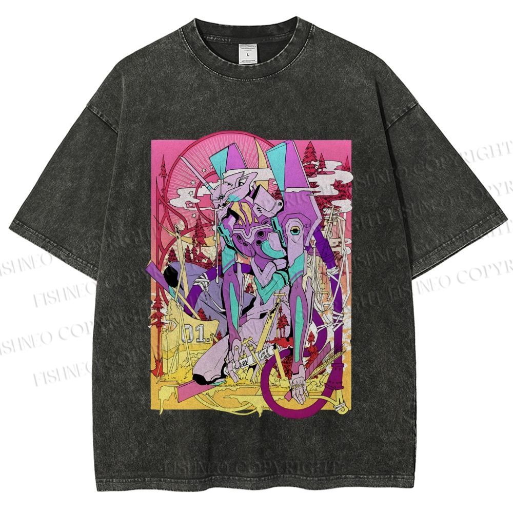 Unisex Neon Genesis Evangelion Unit 01 Japanese Ukiyo-e Printed Washed Tee