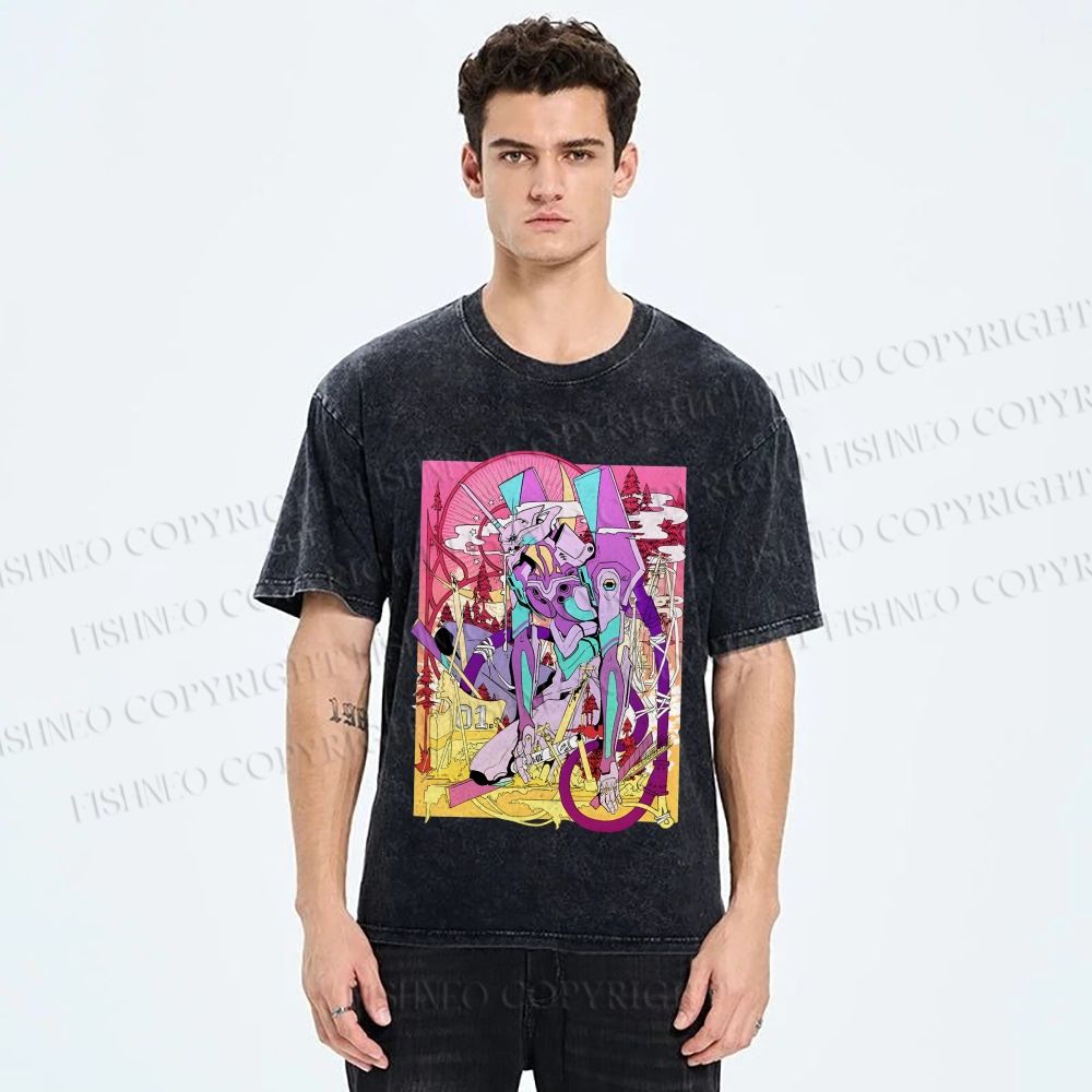 Unisex Neon Genesis Evangelion Unit 01 Japanese Ukiyo-e Printed Washed Tee