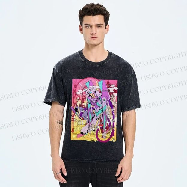 Unisex Neon Genesis Evangelion Unit 01 Japanese Ukiyo-e Printed Washed Tee