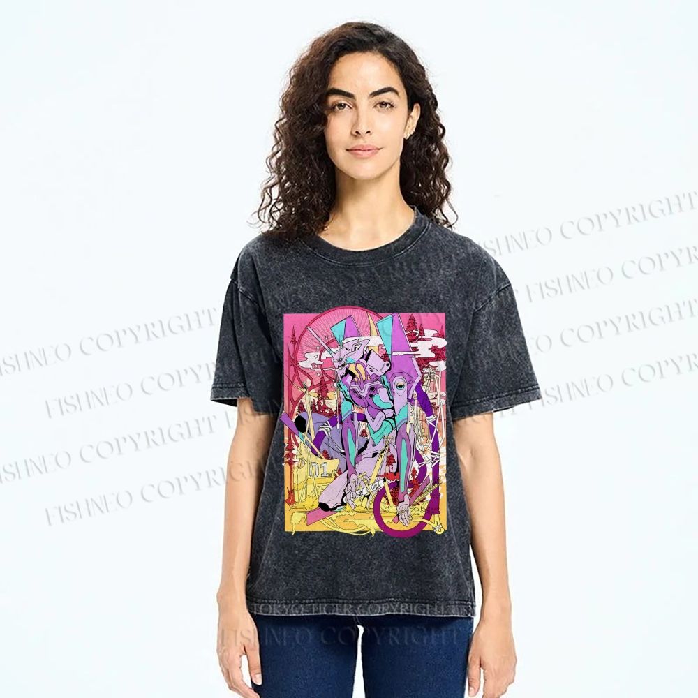 Unisex Neon Genesis Evangelion Unit 01 Japanese Ukiyo-e Printed Washed Tee