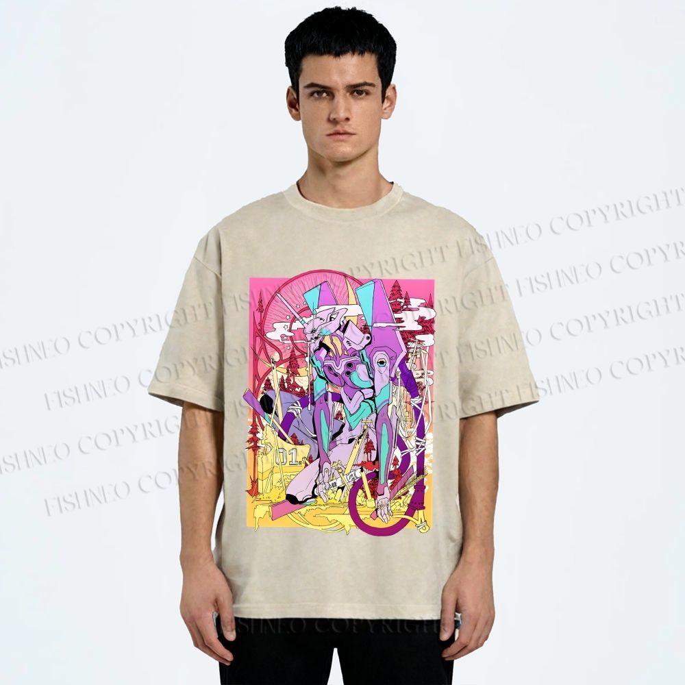 Unisex Neon Genesis Evangelion Unit 01 Japanese Ukiyo-e Printed Washed Tee