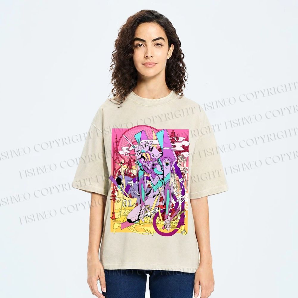 Unisex Neon Genesis Evangelion Unit 01 Japanese Ukiyo-e Printed Washed Tee