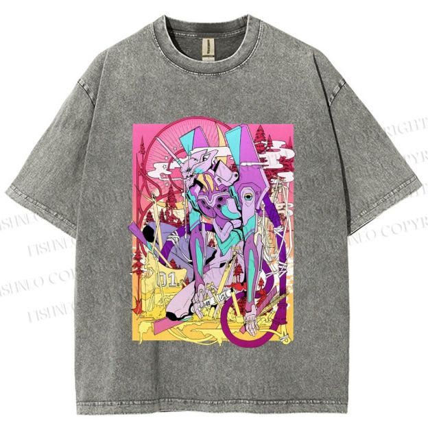 Unisex Neon Genesis Evangelion Unit 01 Japanese Ukiyo-e Printed Washed Tee