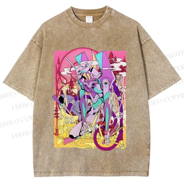 Unisex Neon Genesis Evangelion Unit 01 Japanese Ukiyo-e Printed Washed Tee
