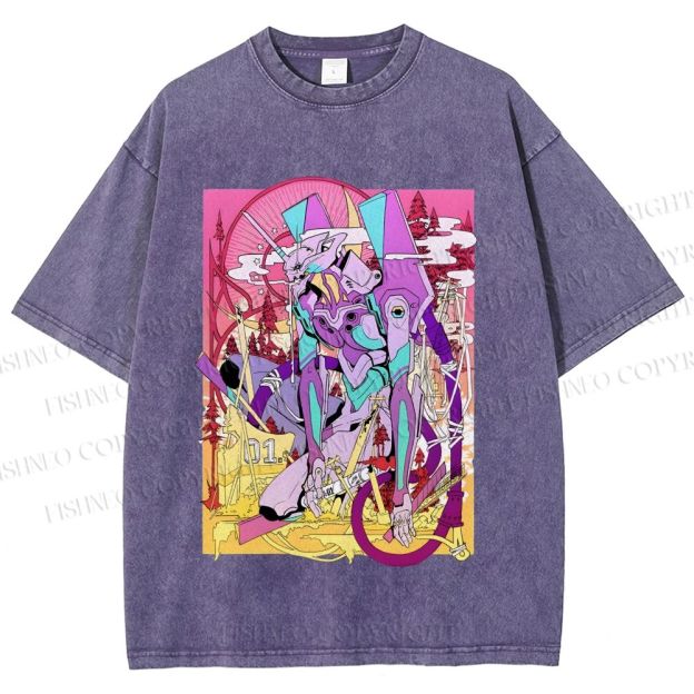 Unisex Neon Genesis Evangelion Unit 01 Japanese Ukiyo-e Printed Washed Tee