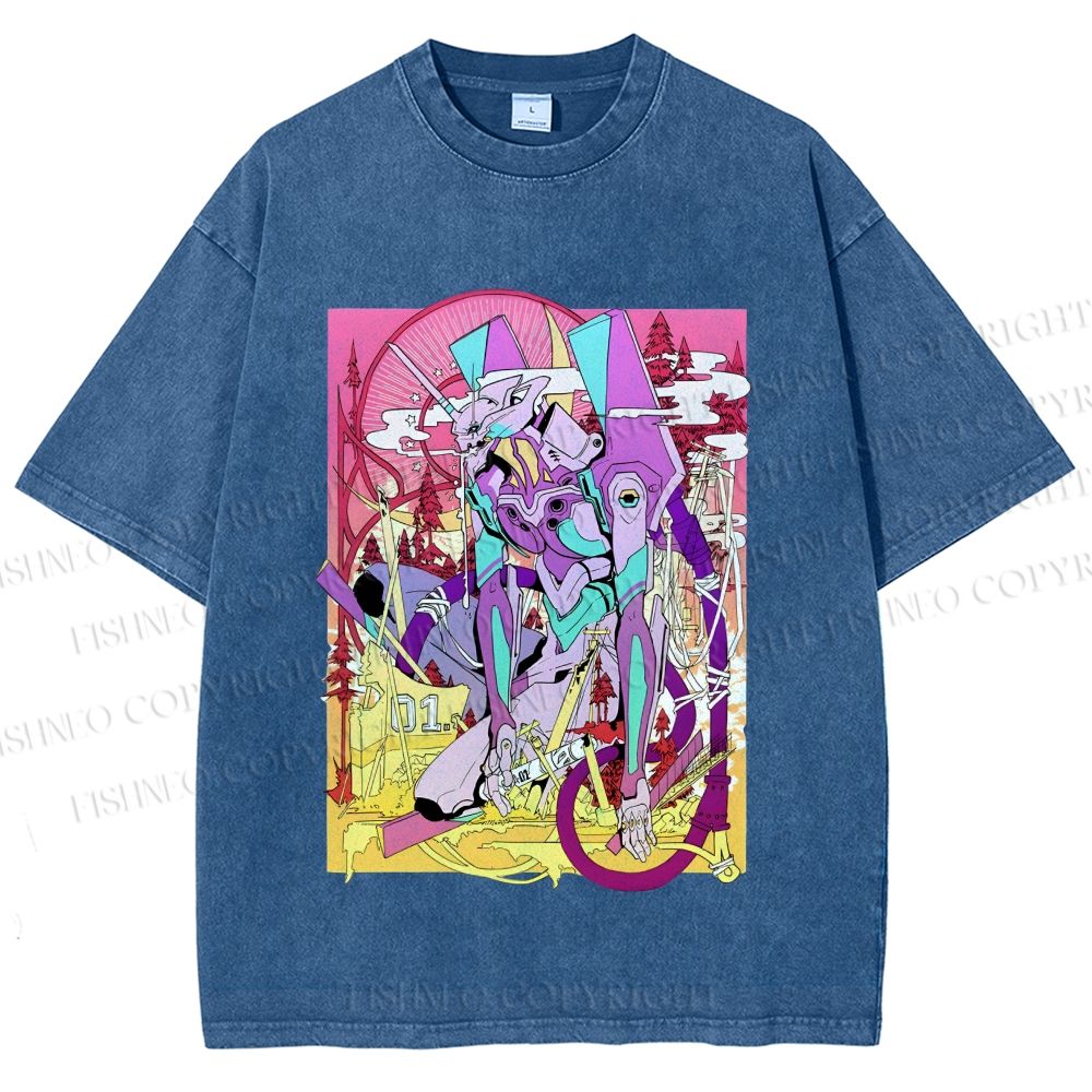 Unisex Neon Genesis Evangelion Unit 01 Japanese Ukiyo-e Printed Washed Tee