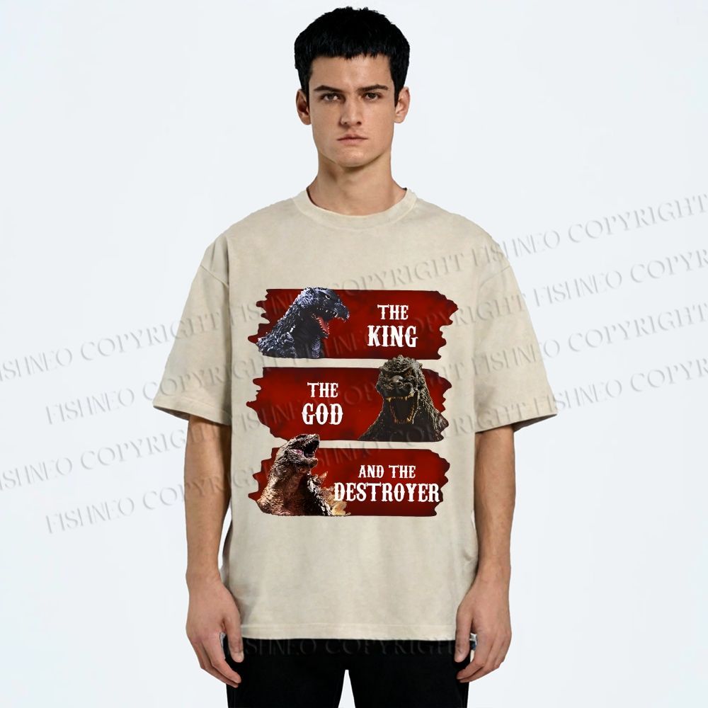 Unisex Godzilla the King the God the Destroyer Printed Washed Tee