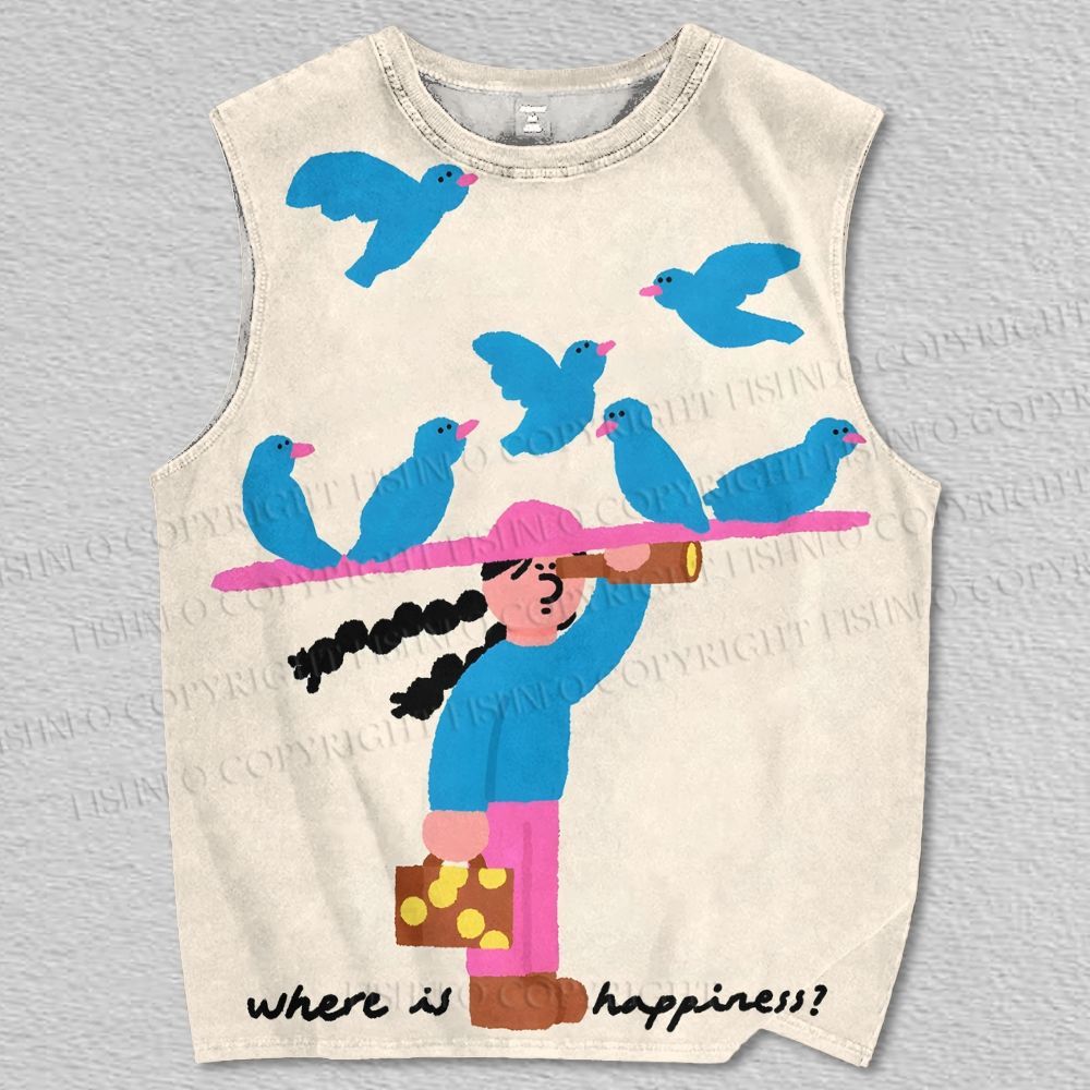 Unisex Where Is Happiness Bird Printed Tank Top