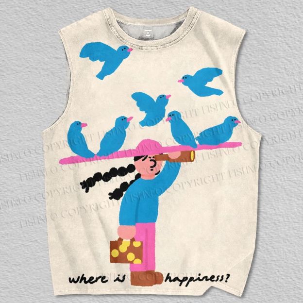 Unisex Where Is Happiness Bird Printed Tank Top