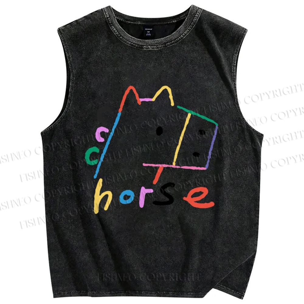 Unisex Colorful Simple Horse Printed Washed Tank Top