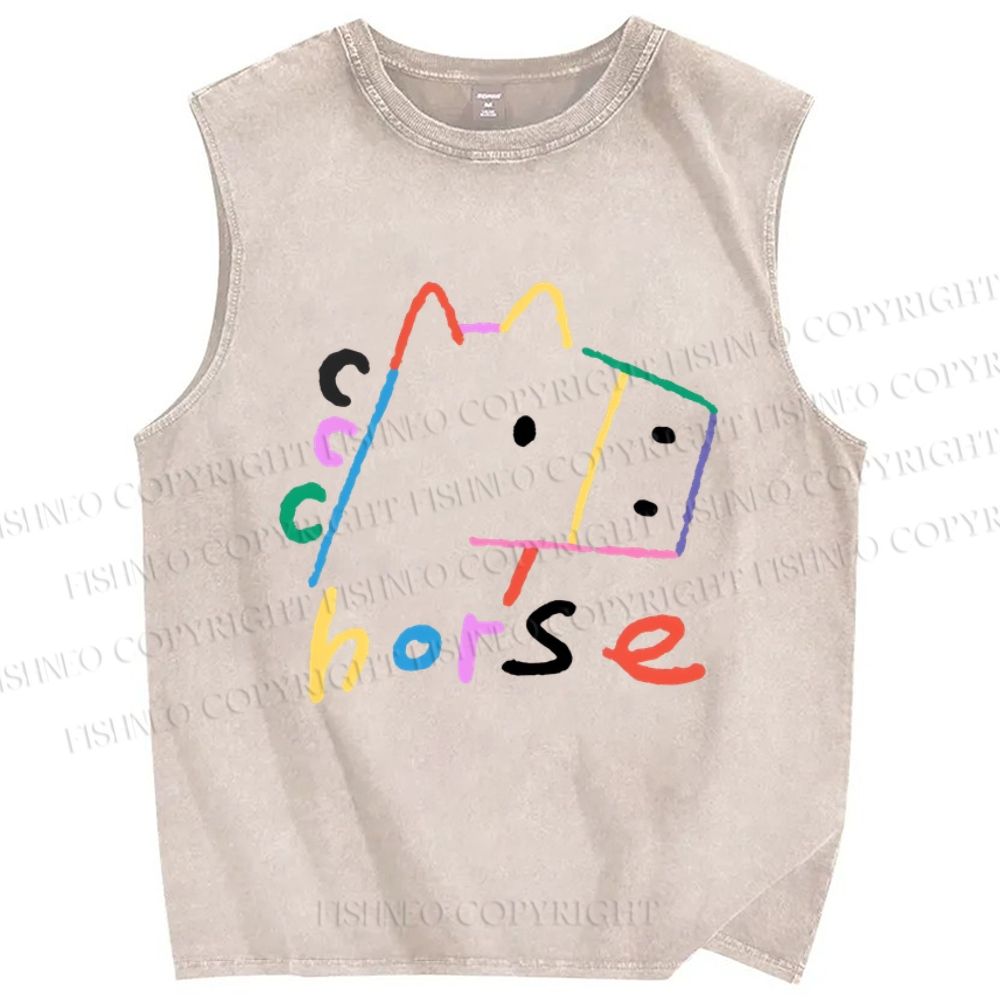 Unisex Colorful Simple Horse Printed Washed Tank Top