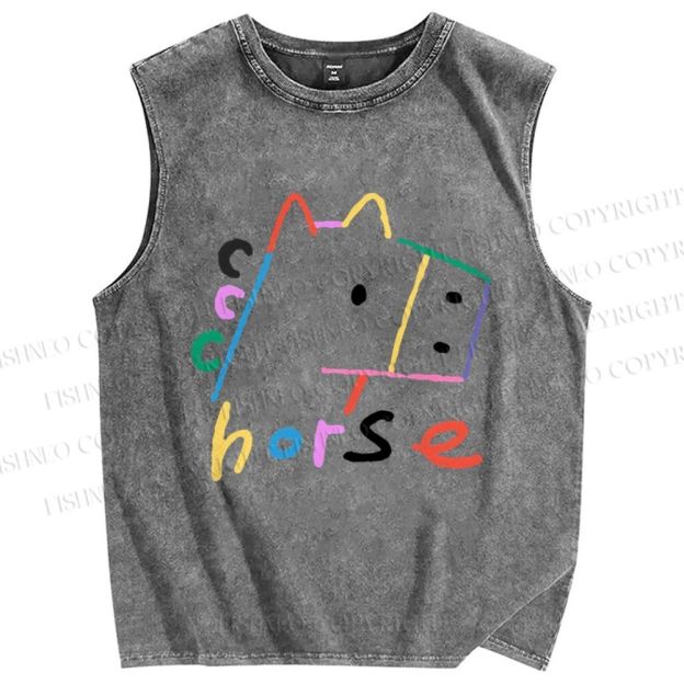Unisex Colorful Simple Horse Printed Washed Tank Top