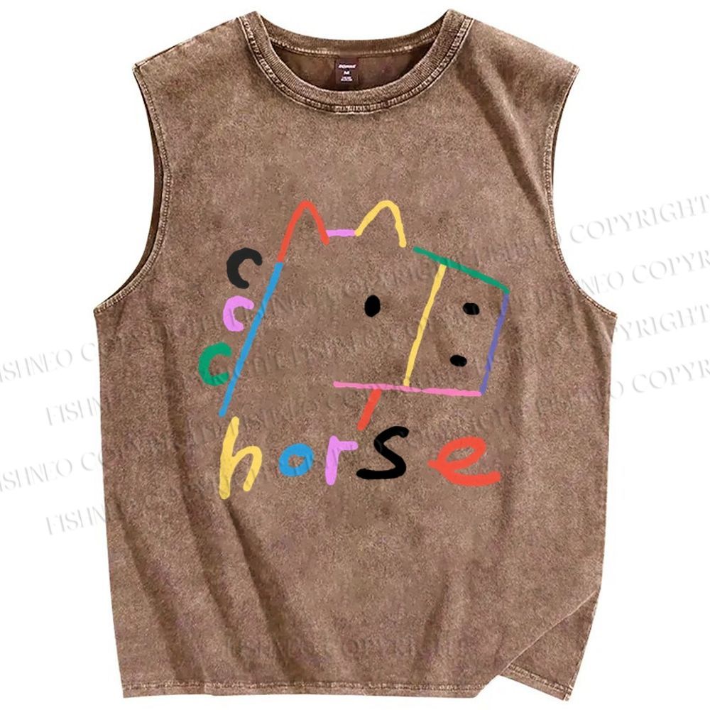 Unisex Colorful Simple Horse Printed Washed Tank Top