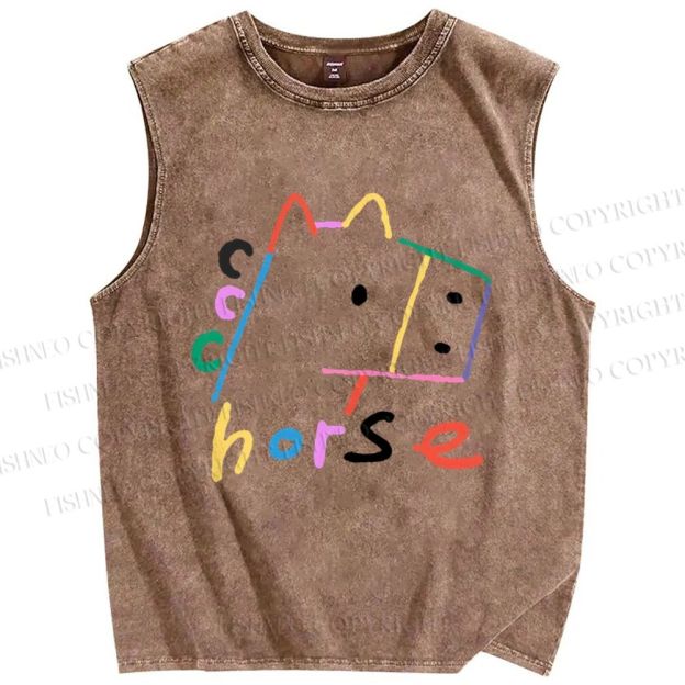 Unisex Colorful Simple Horse Printed Washed Tank Top