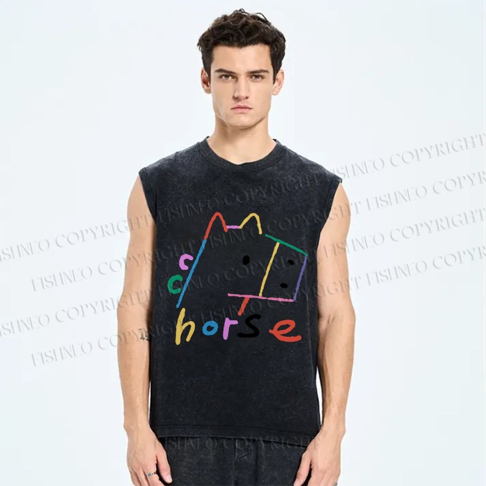 Unisex Colorful Simple Horse Printed Washed Tank Top