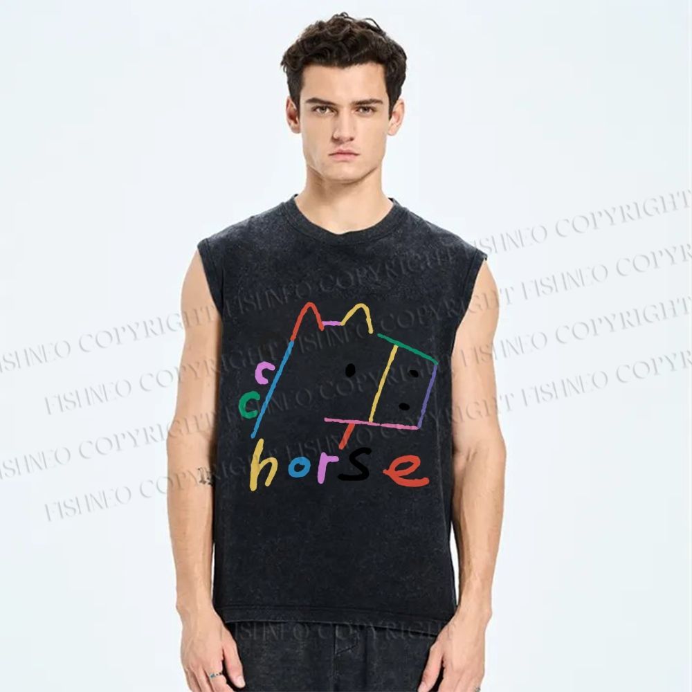 Unisex Colorful Simple Horse Printed Washed Tank Top