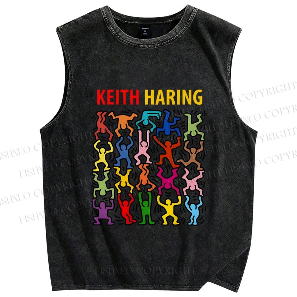 Unisex Keith Haring Dancing Printed Washed Tank Top