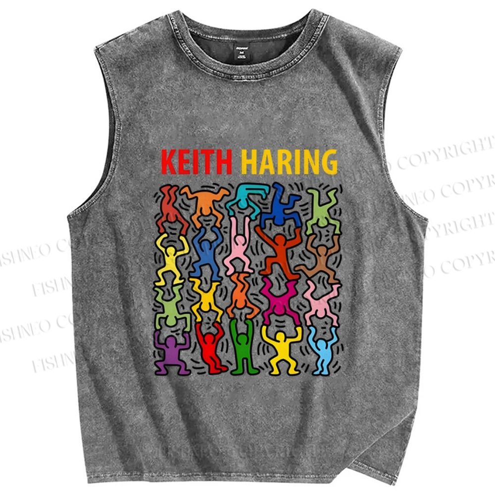 Unisex Keith Haring Dancing Printed Washed Tank Top