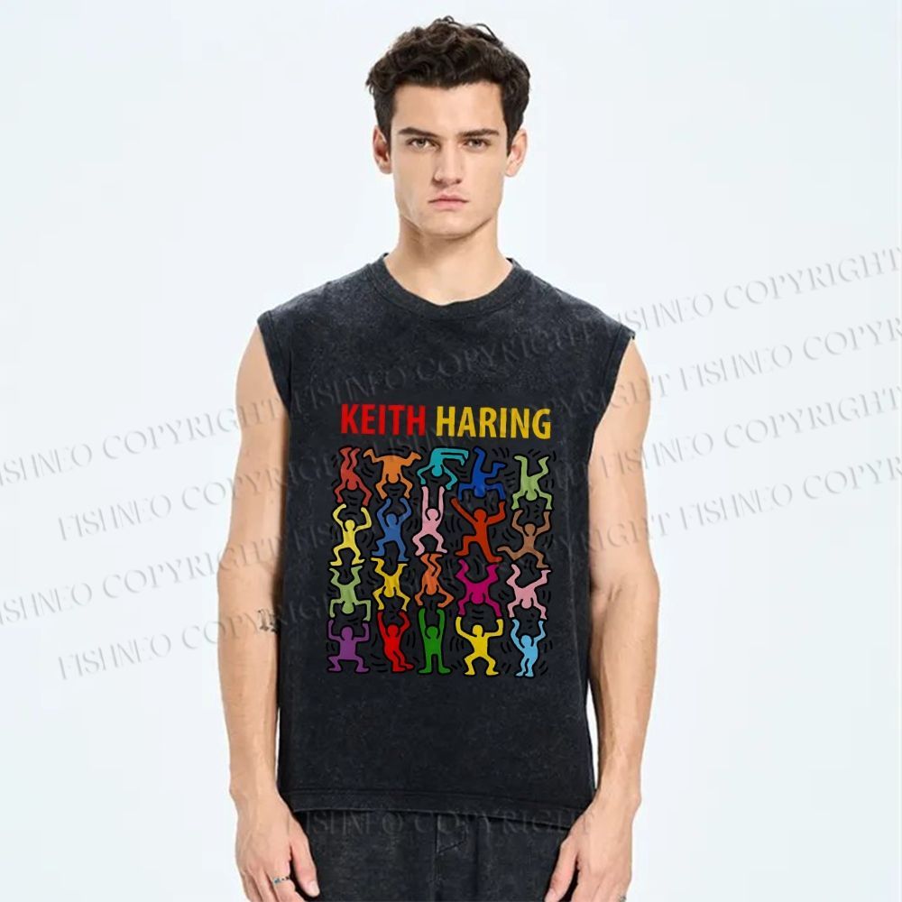 Unisex Keith Haring Dancing Printed Washed Tank Top