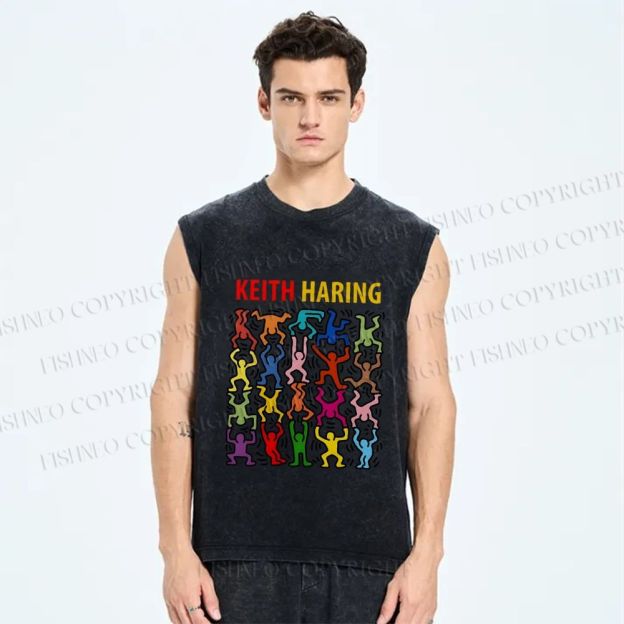 Unisex Keith Haring Dancing Printed Washed Tank Top