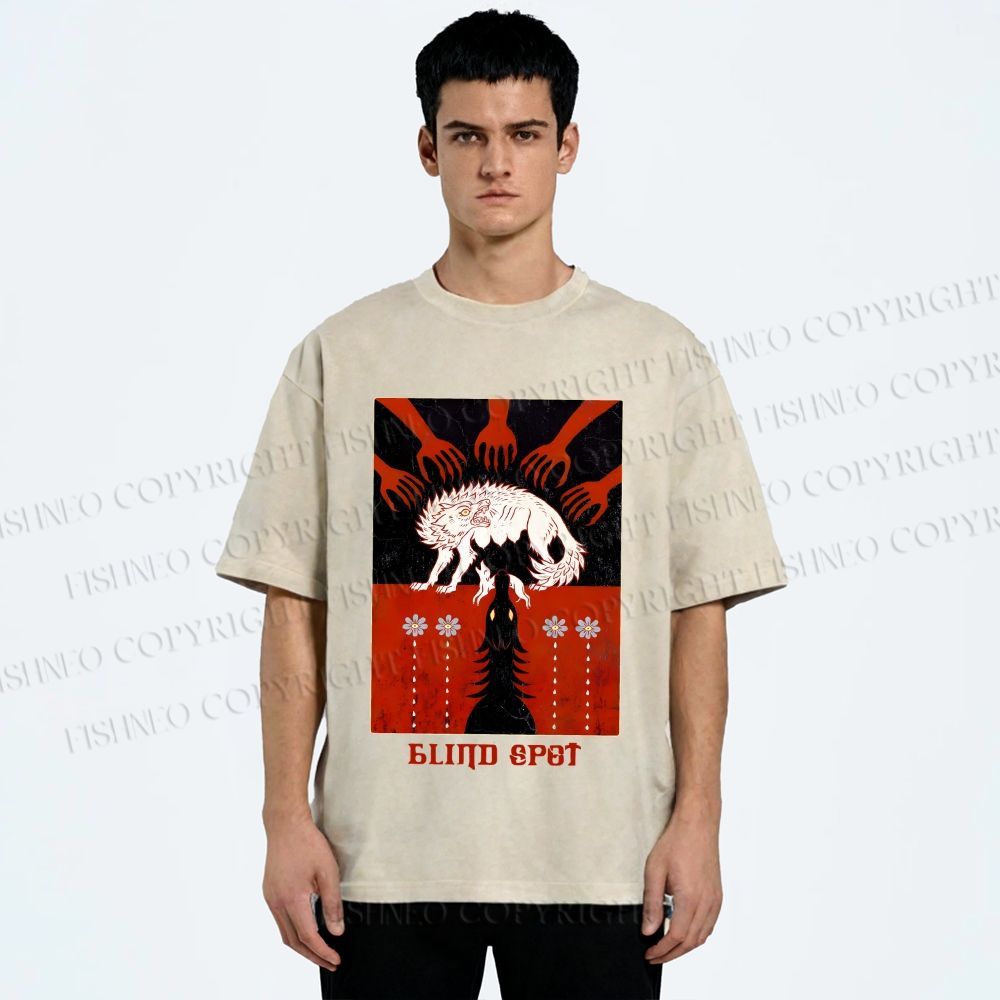 Unisex Blind Spot Wolf Printed Washed Tee