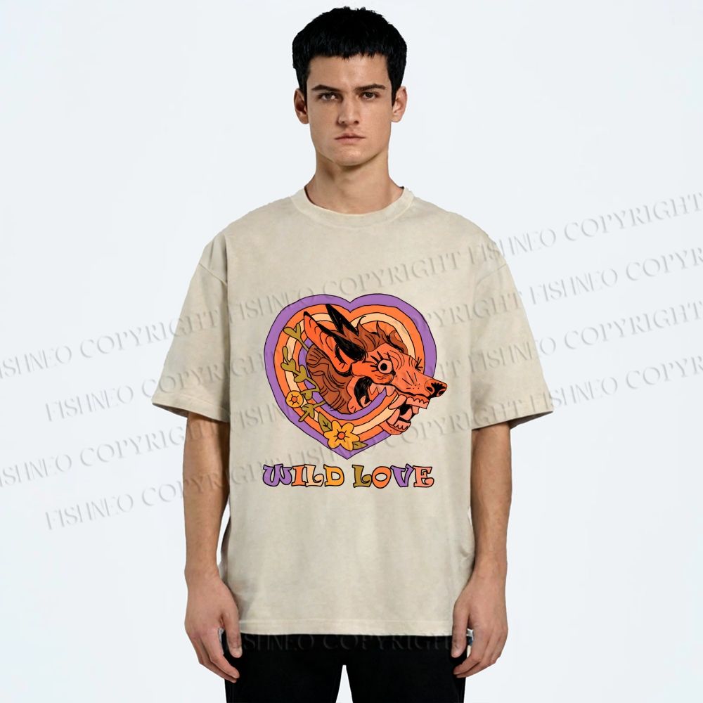 Unisex Wolf's Wild Love Printed Washed Tee
