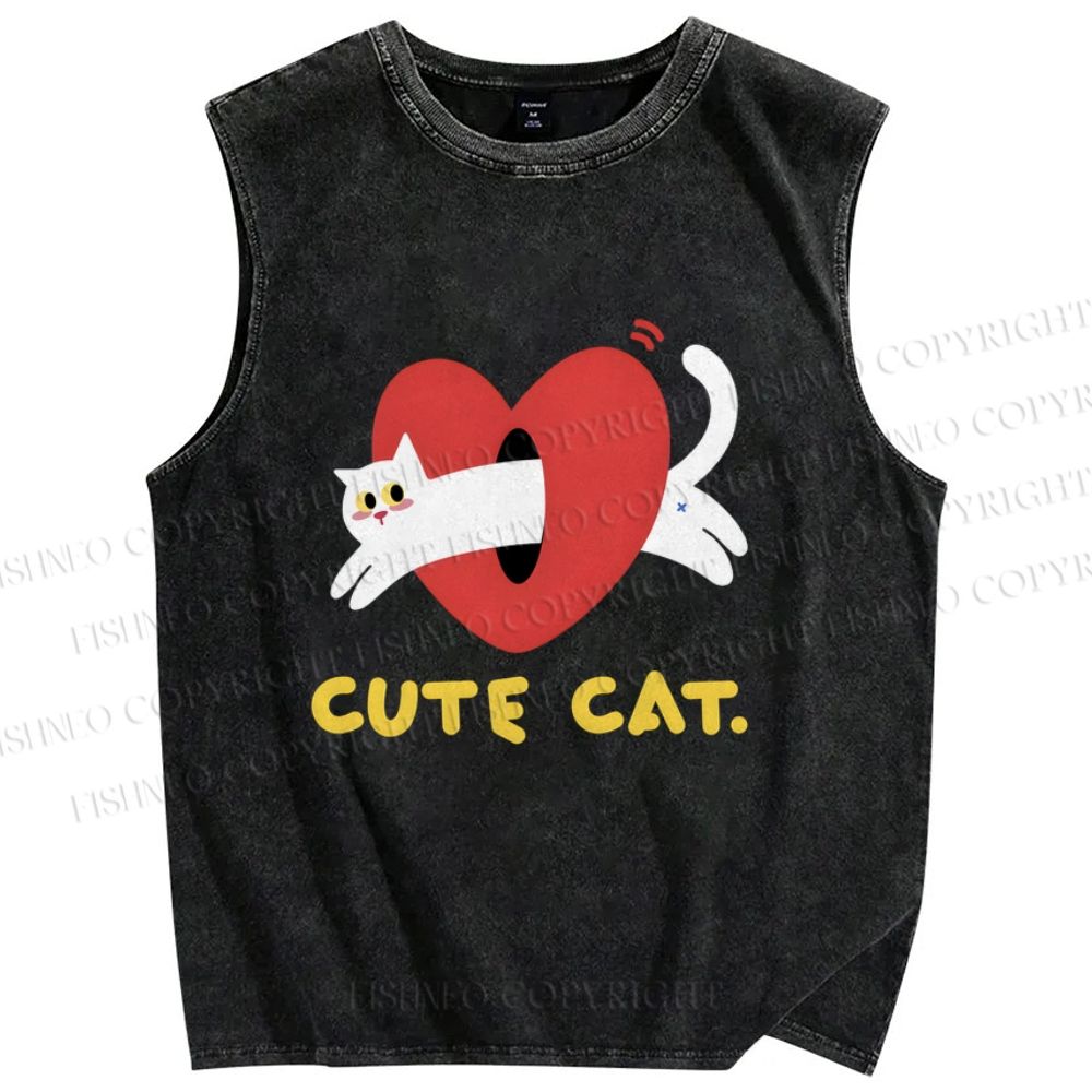 Unisex Cute Cat Printed Washed Tank Top