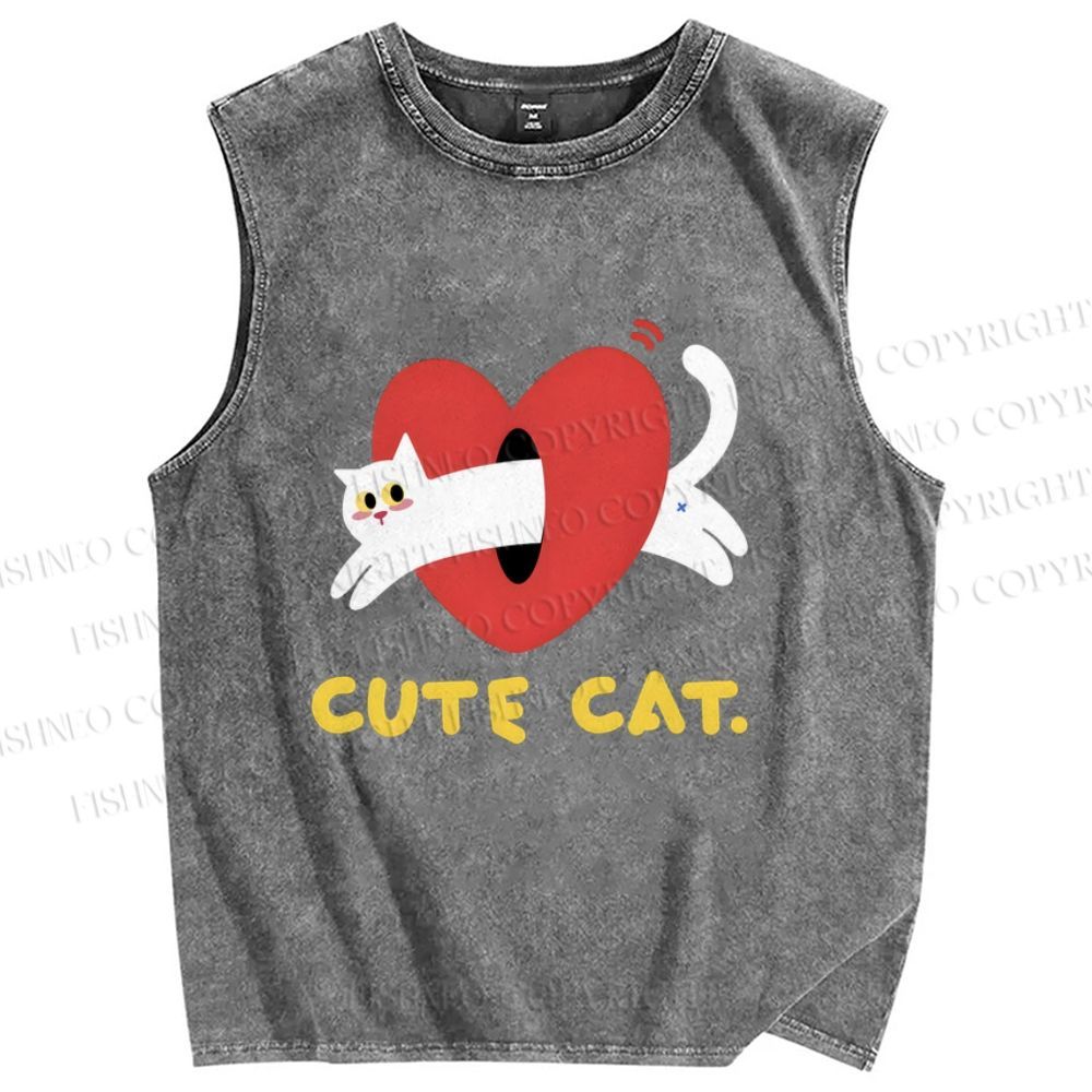 Unisex Cute Cat Printed Washed Tank Top
