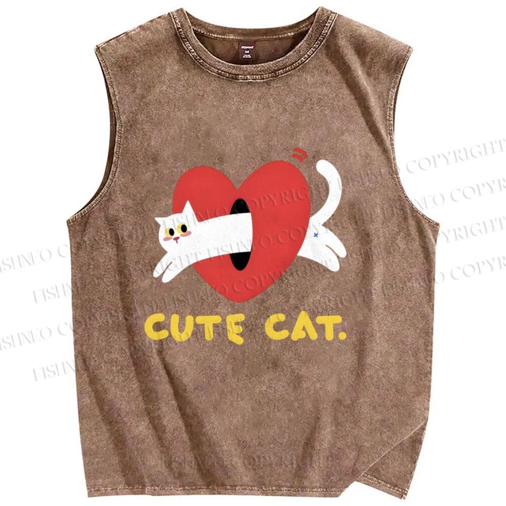 Unisex Cute Cat Printed Washed Tank Top
