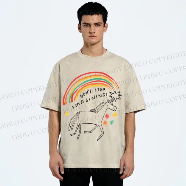 Unisex Don't Stop Imagining Horse Printed Washed Tee