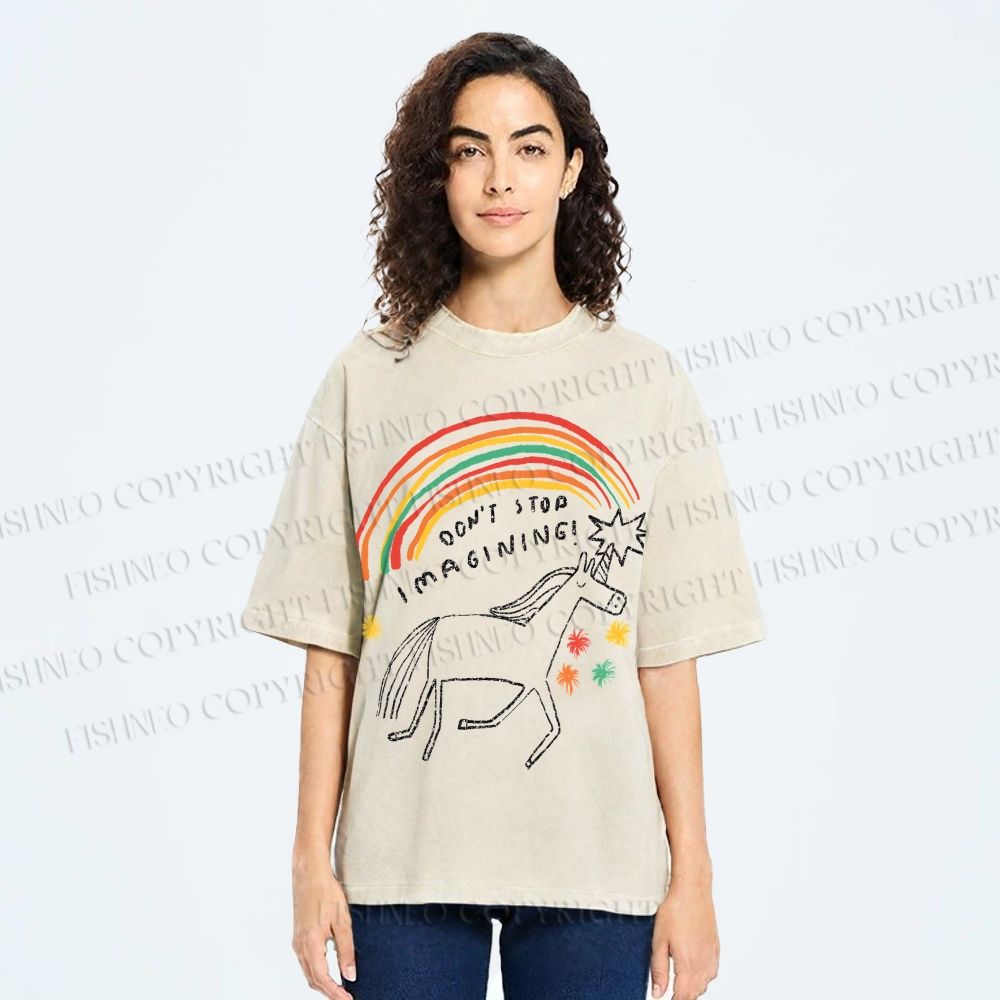 Unisex Don't Stop Imagining Horse Printed Washed Tee