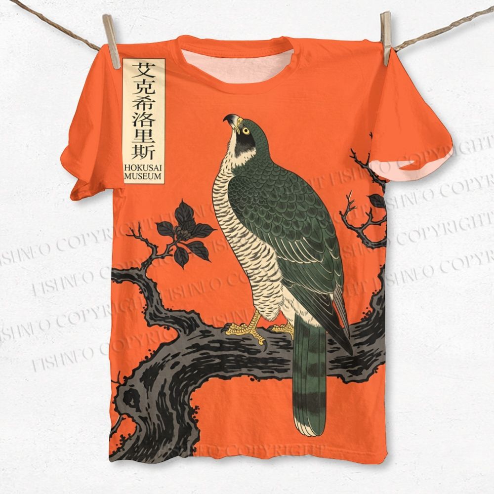 Unisex Japanese Ukiyo-e Bird Printed Classic Cotton T-shirt
