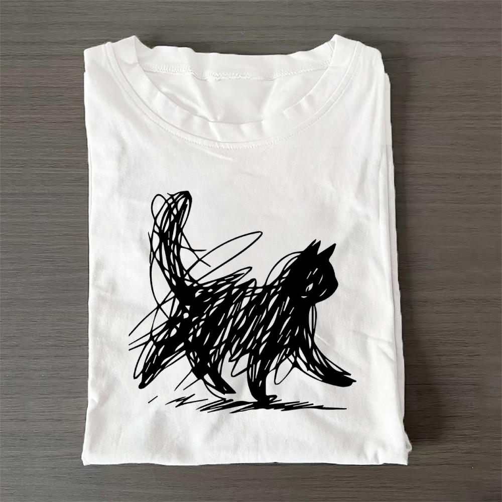 Unisex Classic Cotton Minimalist Cat Printed Folded T-shirt