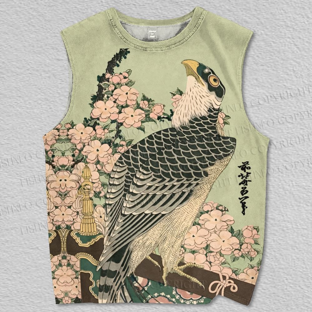 Unisex Japanese Ukiyo-e Bird in Flowers Printed Tank Top