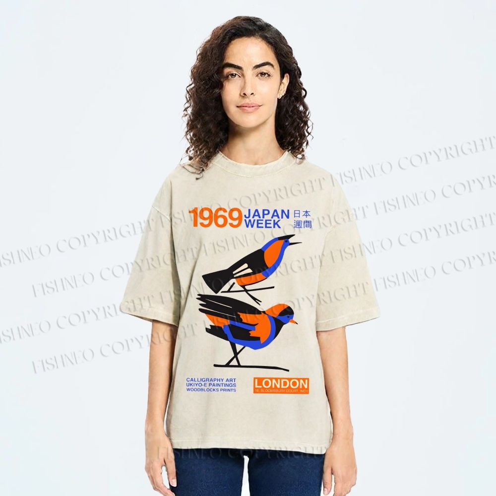 Unisex Japan Week Birds Printed Washed Tee