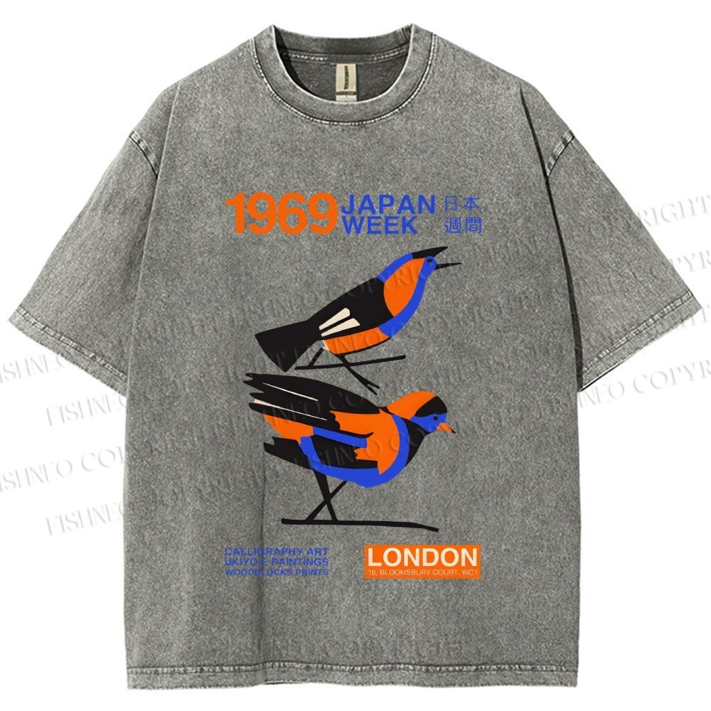 Unisex Japan Week Birds Printed Washed Tee