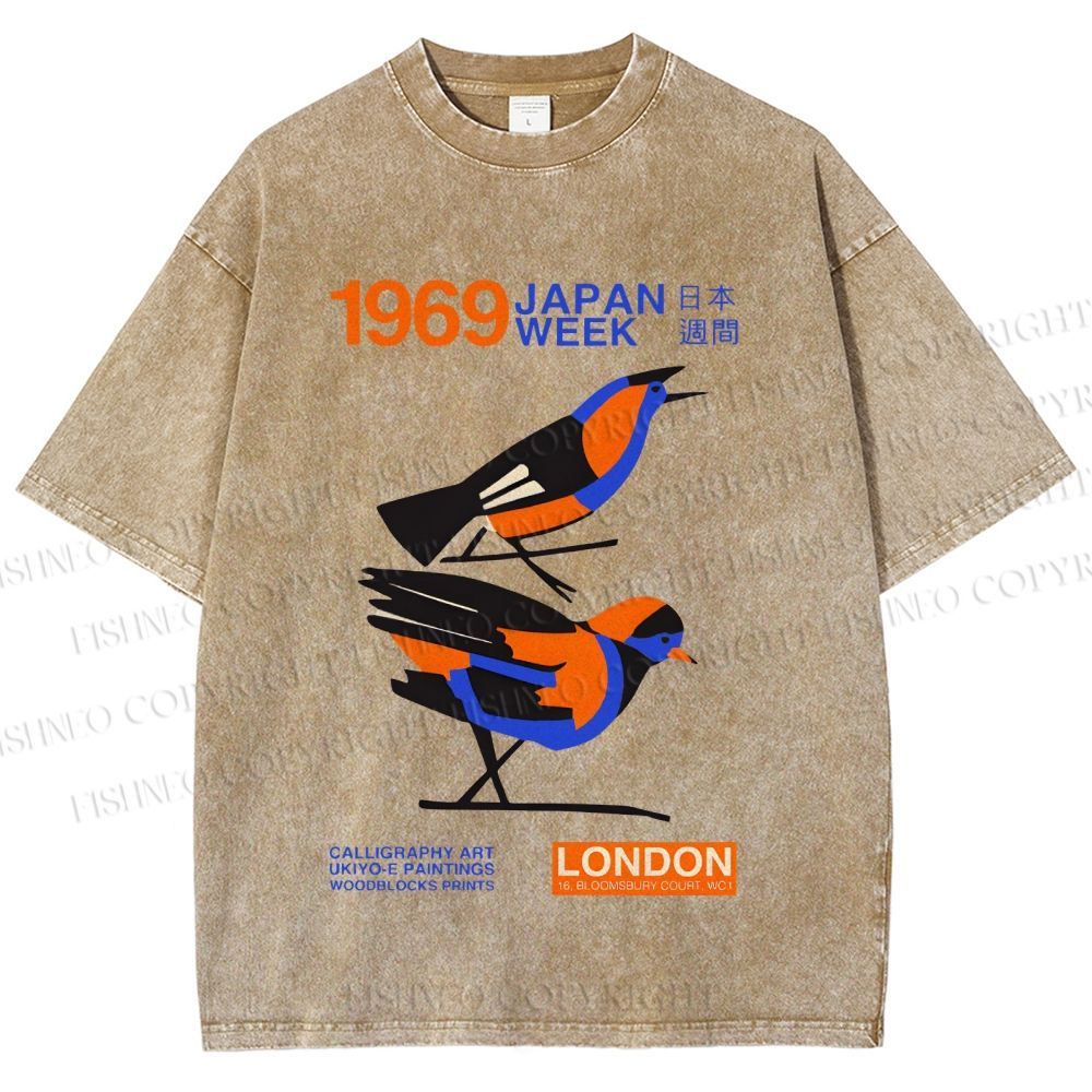 Unisex Japan Week Birds Printed Washed Tee