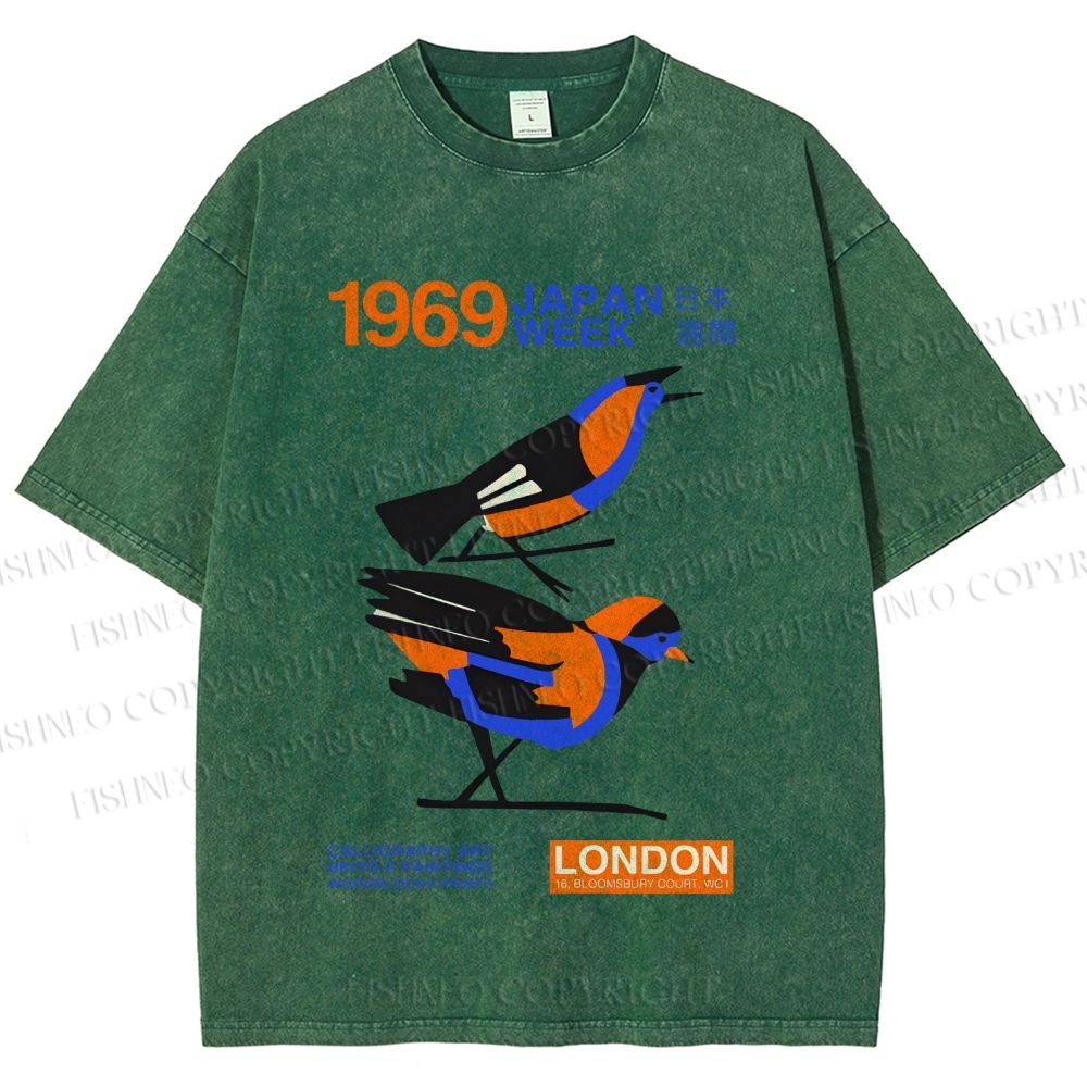 Unisex Japan Week Birds Printed Washed Tee