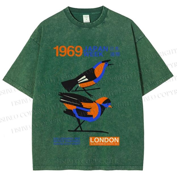 Unisex Japan Week Birds Printed Washed Tee