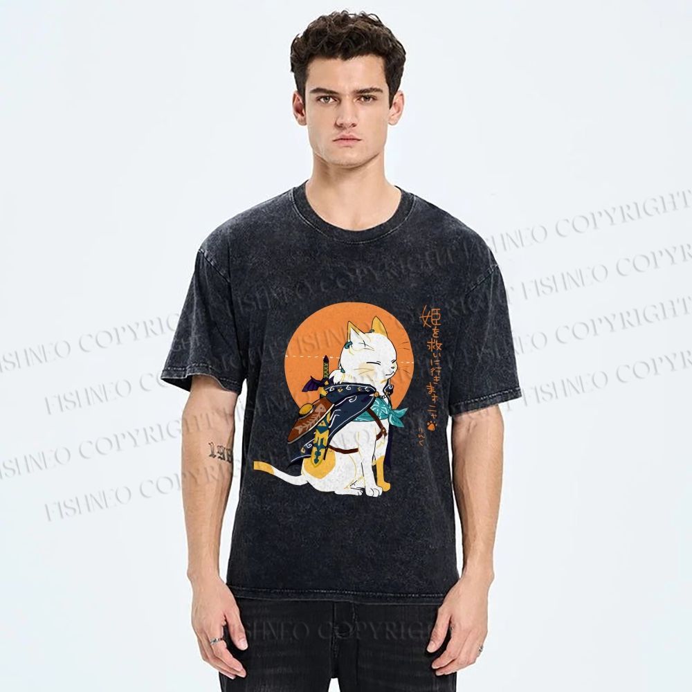Unisex Zelda Cat Japanese Printed Washed Tee