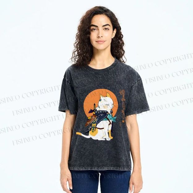Unisex Zelda Cat Japanese Printed Washed Tee