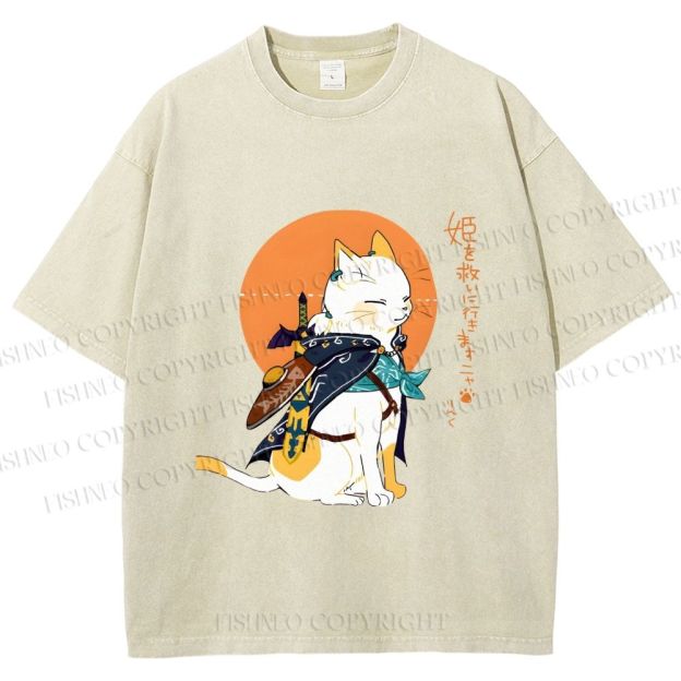 Unisex Zelda Cat Japanese Printed Washed Tee