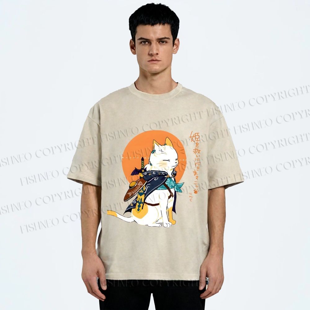 Unisex Zelda Cat Japanese Printed Washed Tee