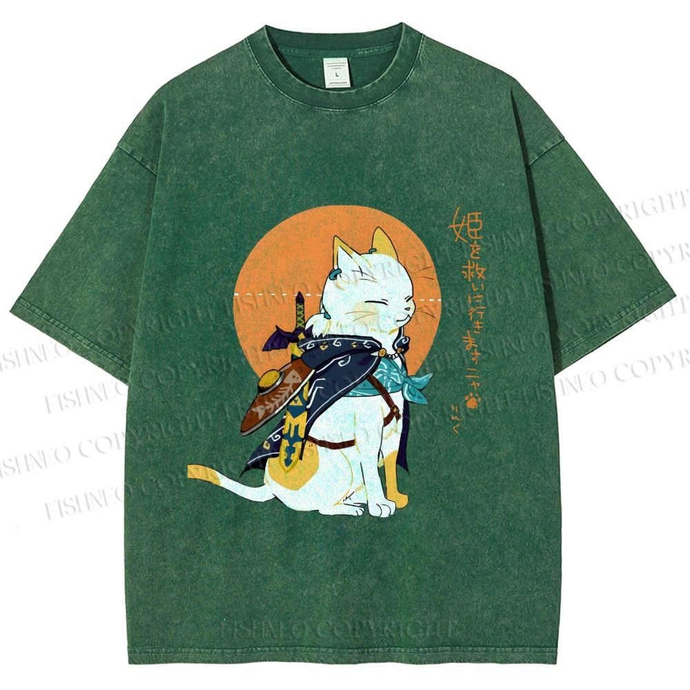 Unisex Zelda Cat Japanese Printed Washed Tee
