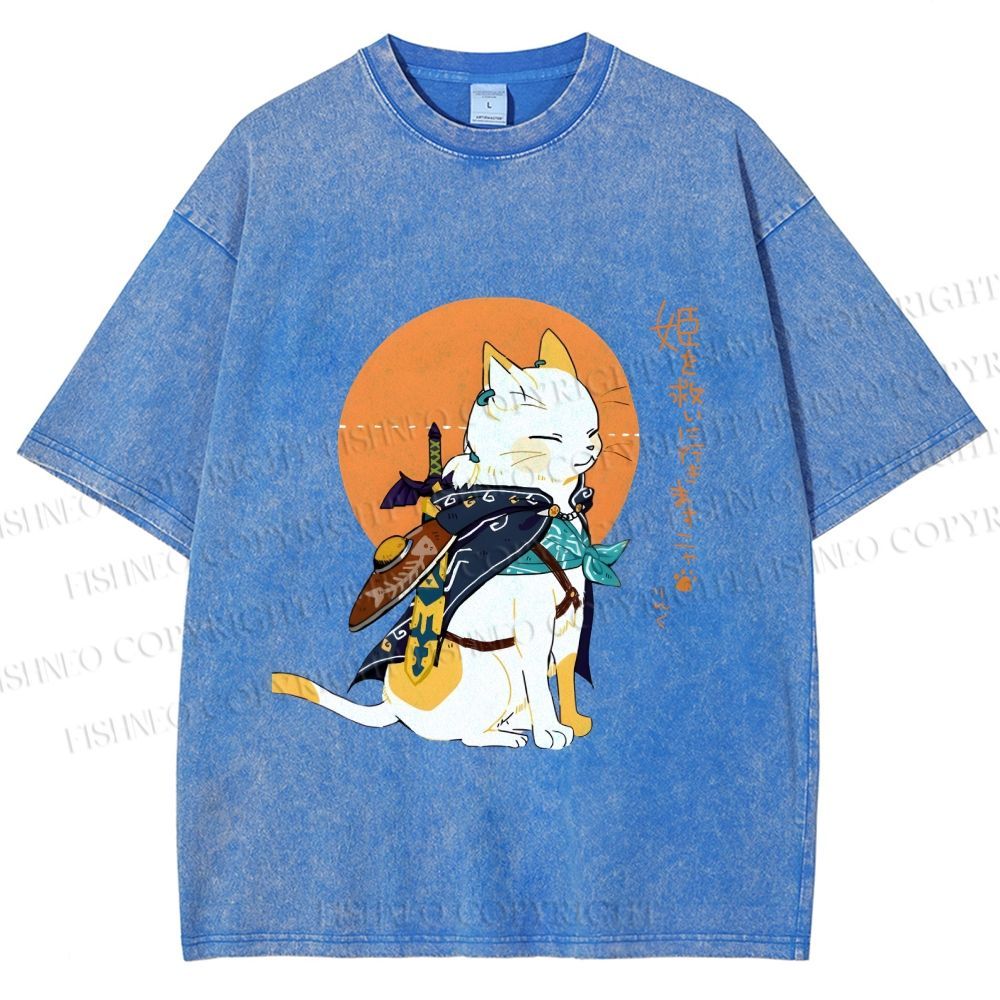 Unisex Zelda Cat Japanese Printed Washed Tee