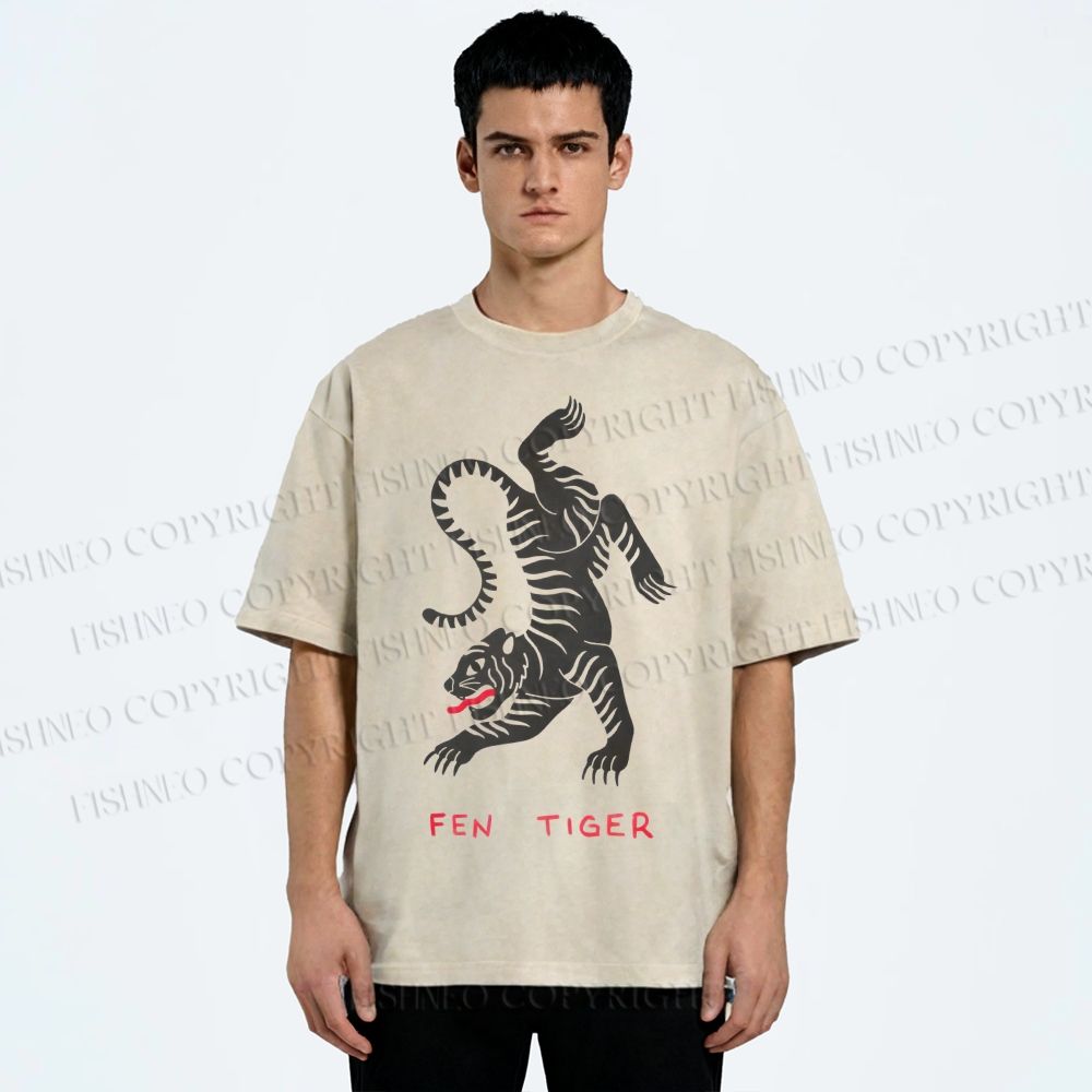Unisex Fen Tiger Printed Washed Tee