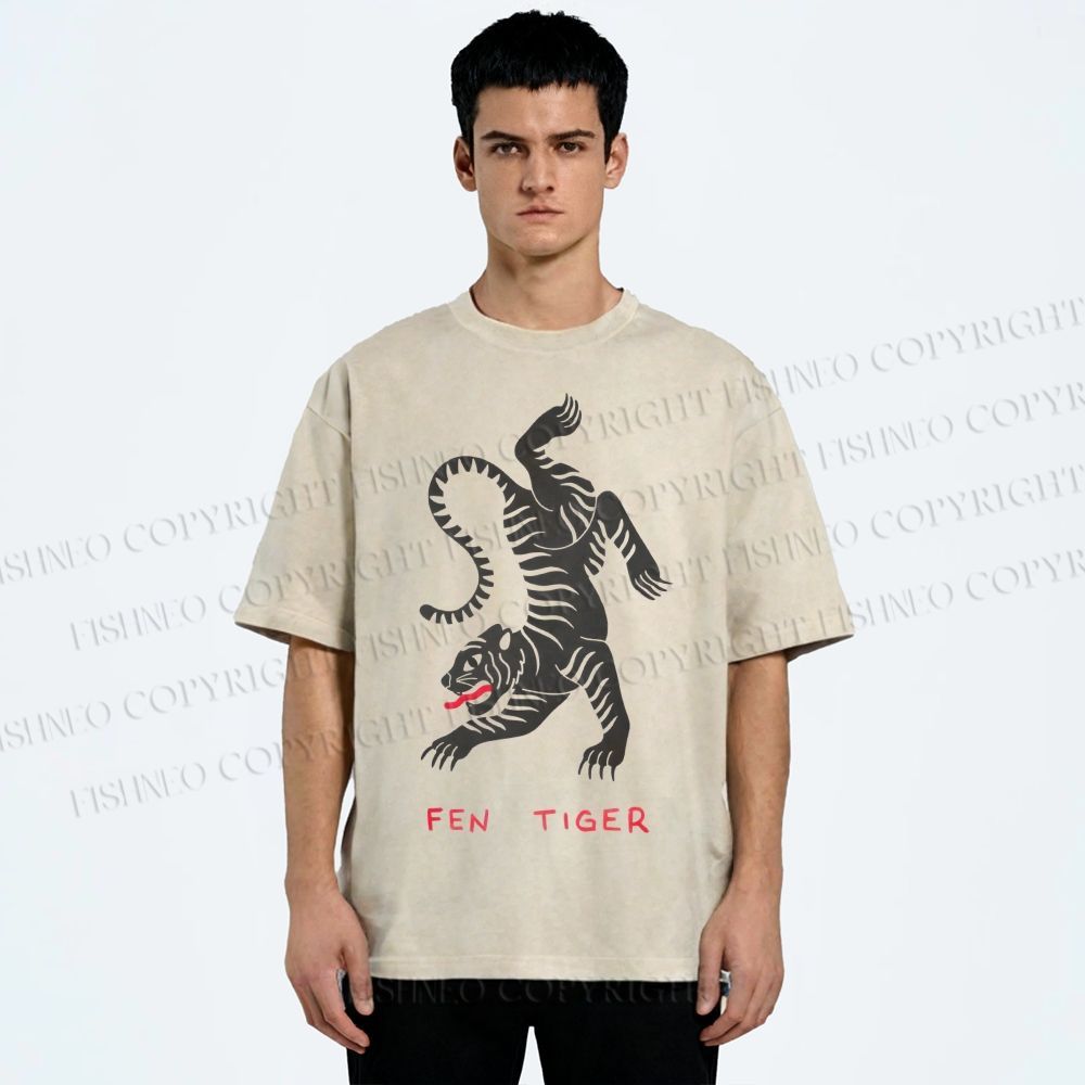 Unisex Fen Tiger Printed Washed Tee