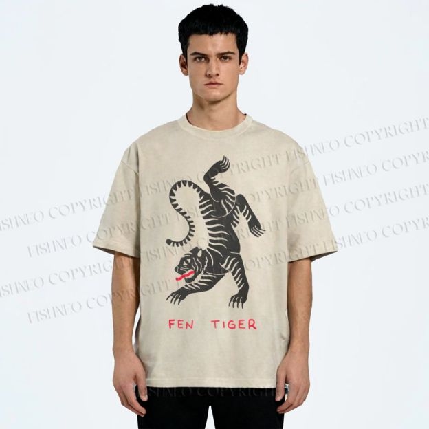 Unisex Fen Tiger Printed Washed Tee